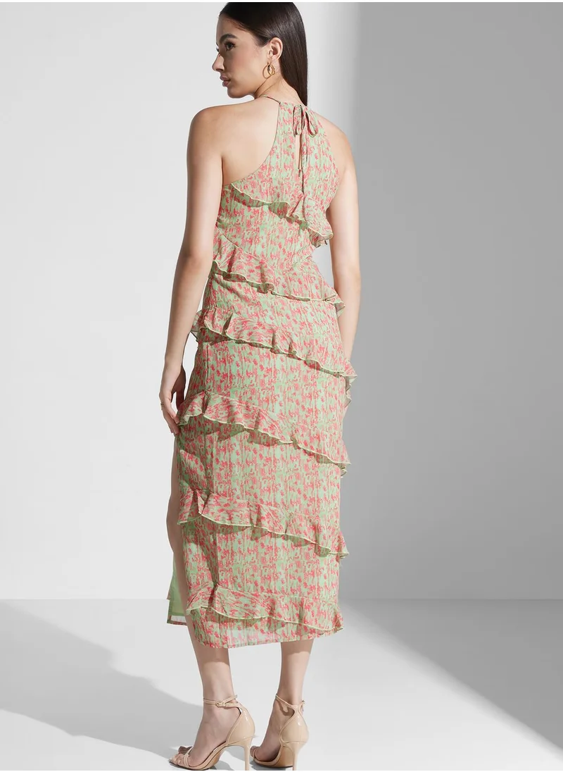 PRETTY LAVISH Halter Neck Ruffle Printed Dress