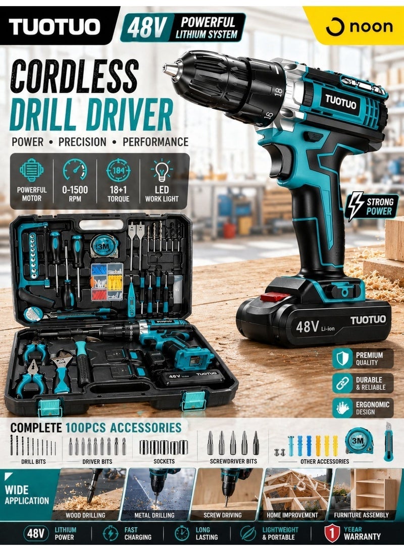 TUOTUO 48V cordless drill with two lithium-ion batteries and a fast charger, 3/8-inch drill bit set, 25+2 torque adjustment, LED work light, variable speed drill bits, 186 lbs torque, 128-piece electric drill tool set, maximum torque 40 Nm, dual-speed drive, professional household tool set. - Image 3