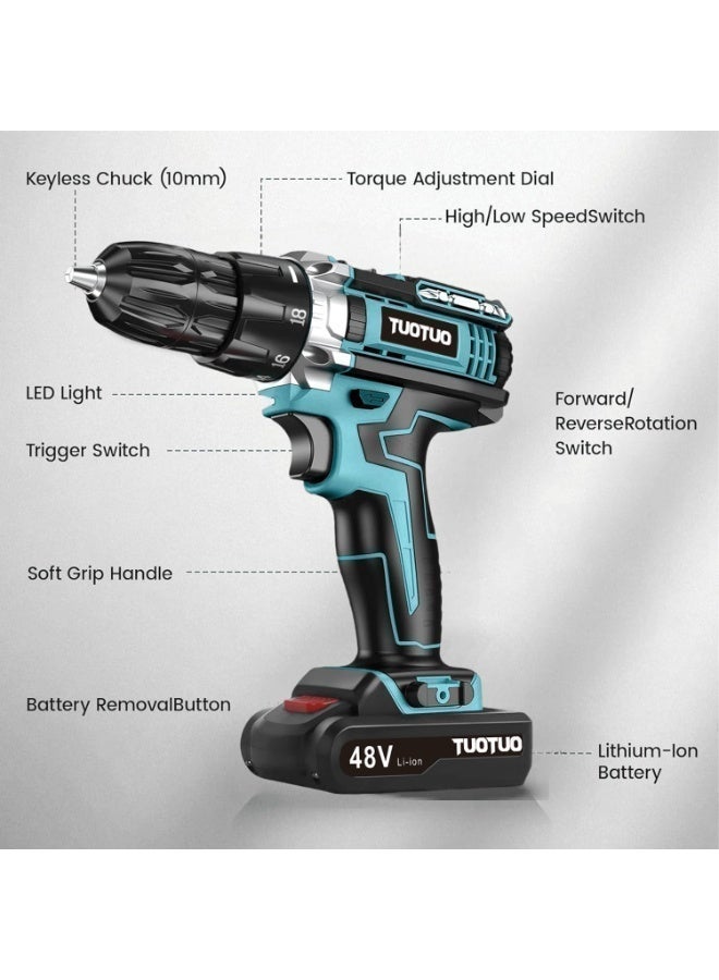 TUOTUO 48V cordless drill with two lithium-ion batteries and a fast charger, 3/8-inch drill bit set, 25+2 torque adjustment, LED work light, variable speed drill bits, 186 lbs torque, 128-piece electric drill tool set, maximum torque 40 Nm, dual-speed drive, professional household tool set. - Image 5