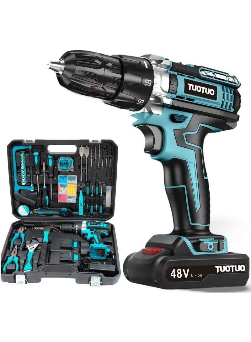 TUOTUO 48V cordless drill with two lithium-ion batteries and a fast charger, 3/8-inch drill bit set, 25+2 torque adjustment, LED work light, variable speed drill bits, 186 lbs torque, 128-piece electric drill tool set, maximum torque 40 Nm, dual-speed drive, professional household tool set. - Image 4