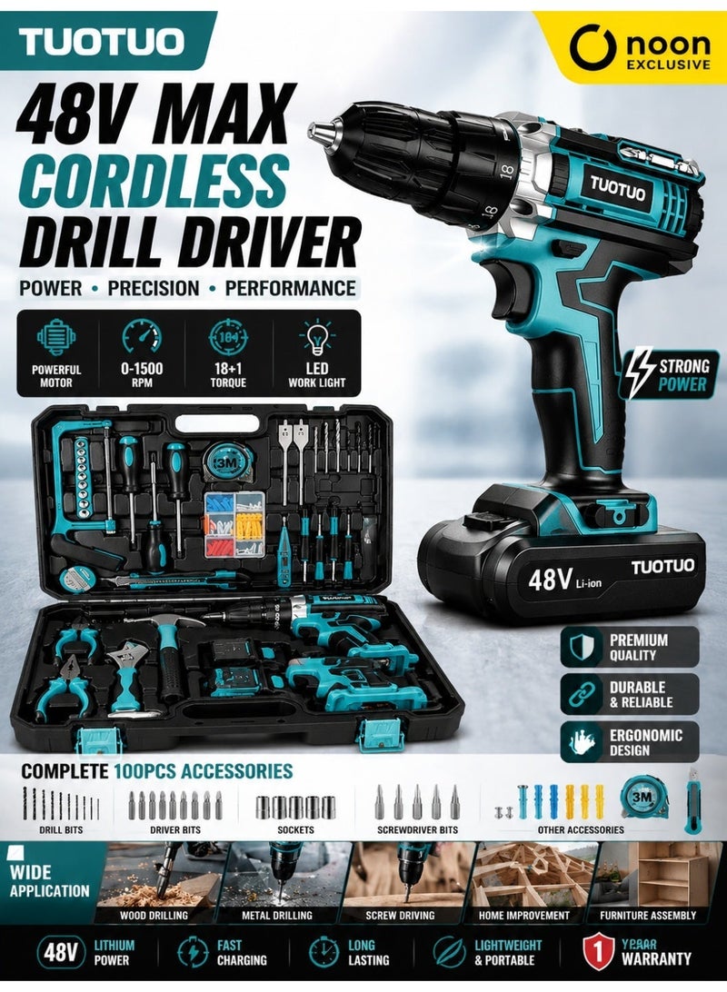 TUOTUO 48V cordless drill with two lithium-ion batteries and a fast charger, 3/8-inch drill bit set, 25+2 torque adjustment, LED work light, variable speed drill bits, 186 lbs torque, 128-piece electric drill tool set, maximum torque 40 Nm, dual-speed drive, professional household tool set. - Image 2