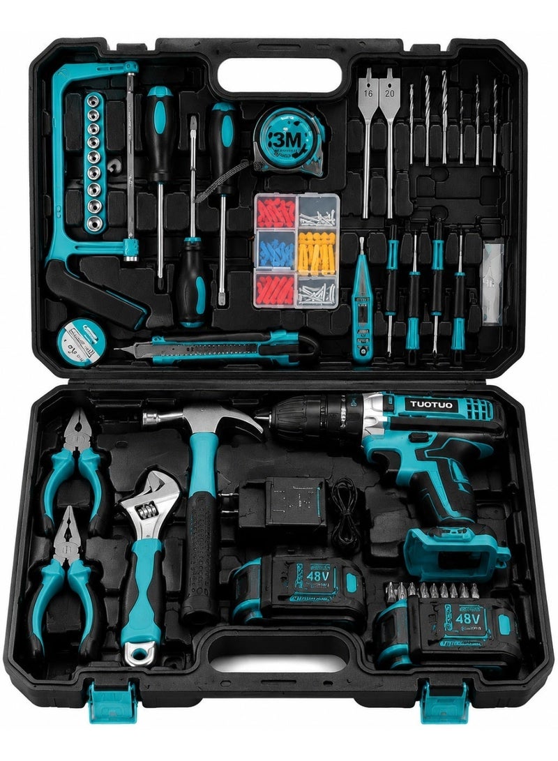 TUOTUO 48V cordless drill with two lithium-ion batteries and a fast charger, 3/8-inch drill bit set, 25+2 torque adjustment, LED work light, variable speed drill bits, 186 lbs torque, 128-piece electric drill tool set, maximum torque 40 Nm, dual-speed drive, professional household tool set. - Image 1