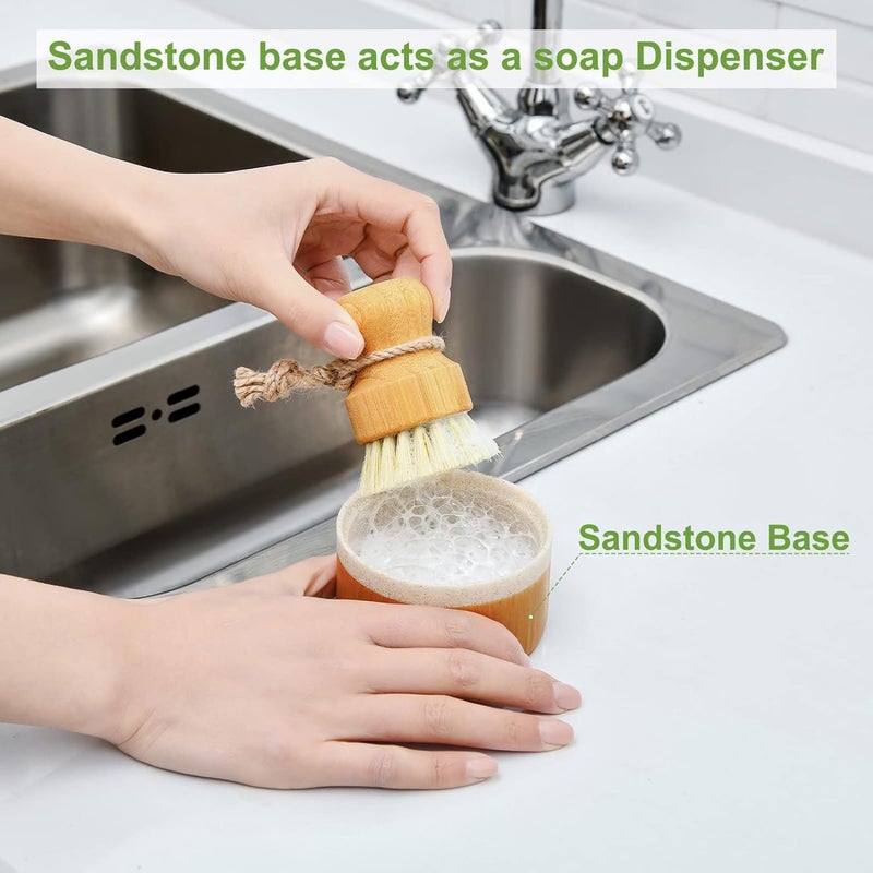 SUBEKYU Bubble Up Bamboo Dish Brush Set with Soap Holder, Wooden Dish Scrubber with Soap Dispenser, Natural Kitchen Scrub Brush, Washing Pot/Pans/Cast Iron, 2 Pack, Sisal Bristles - Image 4