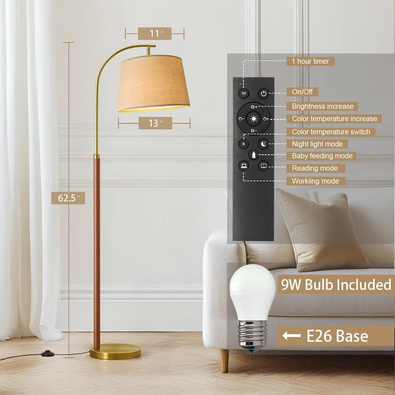 G-SAFAVA 62.5" مصباح أرضي ذهبي لغرفة المعيشة مصباح قائم قابل للتعتيم مع جهاز تحكم عن بعد ومفتاح قدم، 3 درجات حرارة لونية مصباح قوس طويل خشبي بتصميم منتصف القرن الحديث لمصابيح الأرضية لغرفة النوم والمكتب، لمبة 9 واط متضمنة - Image 5