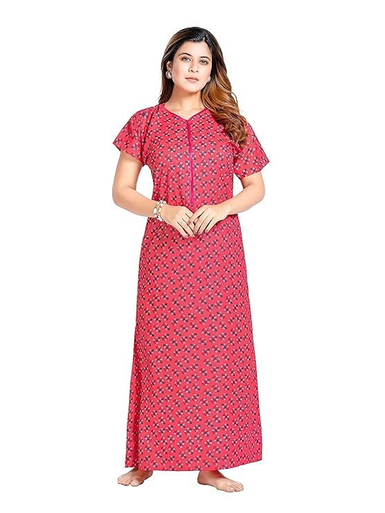 YOZLY Women Pure Cotton Ankle Length Night Gown with Pocket, Carrot - Image 1