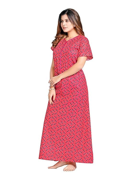 YOZLY Women Pure Cotton Ankle Length Night Gown with Pocket, Carrot - Image 3