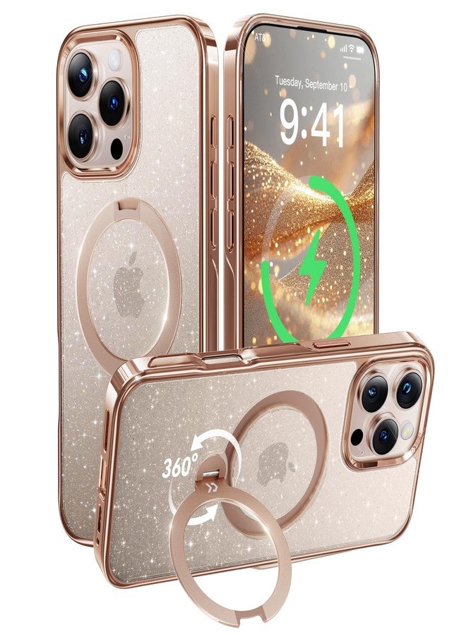 CASEKOO Glitter 360° Spin Built-in Magnetic Stand for iPhone 16 Pro Max Case, Fit for MagSafe, 16FT Drop Protection, Chic Design for iPhone 16 ProMax Case with Stand, Sparkle Rose Gold - Image 1