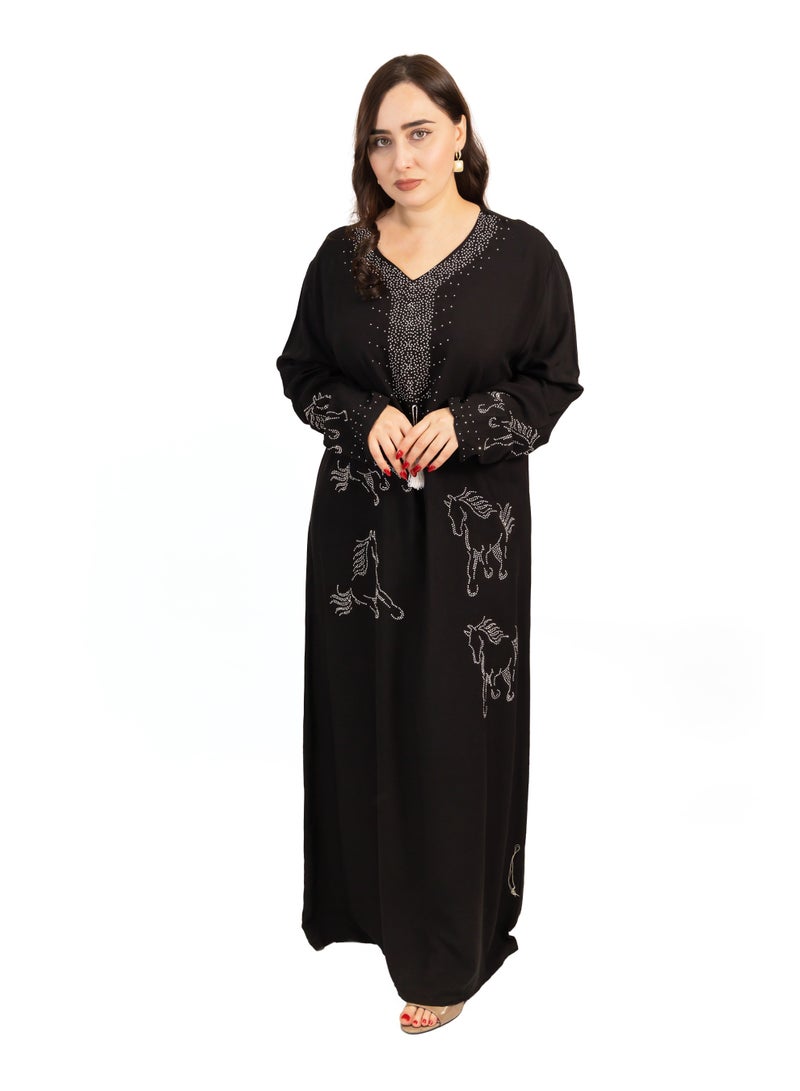 لـيـنـيـل Linelle Black Jalabiya with Tassel & Horse Pattern Stone Detailing - Image 1