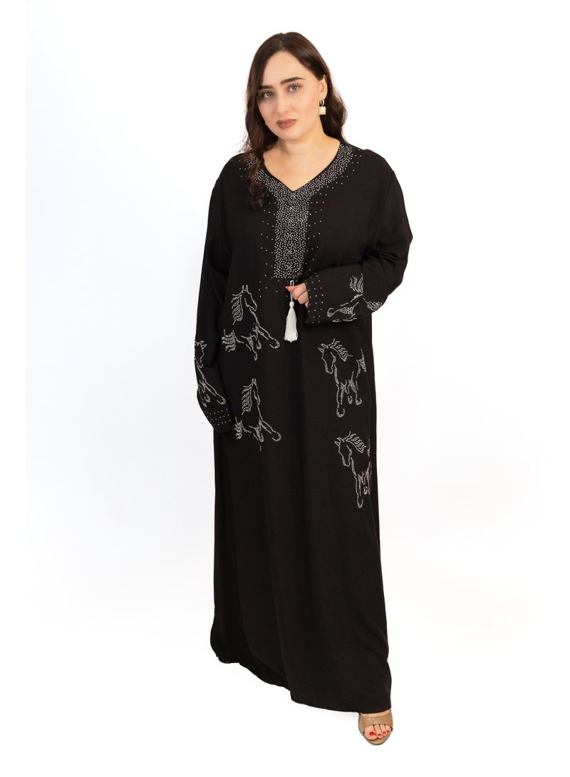 لـيـنـيـل Linelle Black Jalabiya with Tassel & Horse Pattern Stone Detailing - Image 2