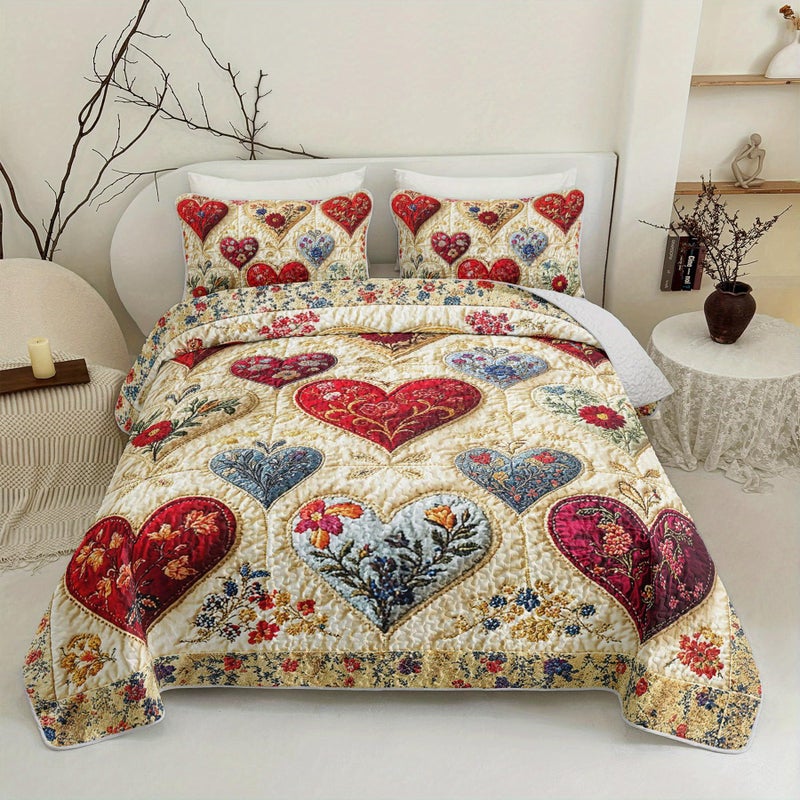 Tuzaovy Floral Heart Patchwork Quilt Queen Size for Teens Adults Room Decor,Floral Romantic Bedspread Sets Queen Size Lovely Bedroom Decor,Bohemian Bed Cover Set for Boys Girls Room Decor - Image 1