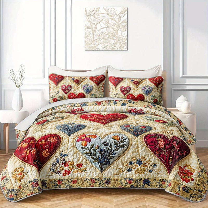Tuzaovy Floral Heart Patchwork Quilt Queen Size for Teens Adults Room Decor,Floral Romantic Bedspread Sets Queen Size Lovely Bedroom Decor,Bohemian Bed Cover Set for Boys Girls Room Decor - Image 3