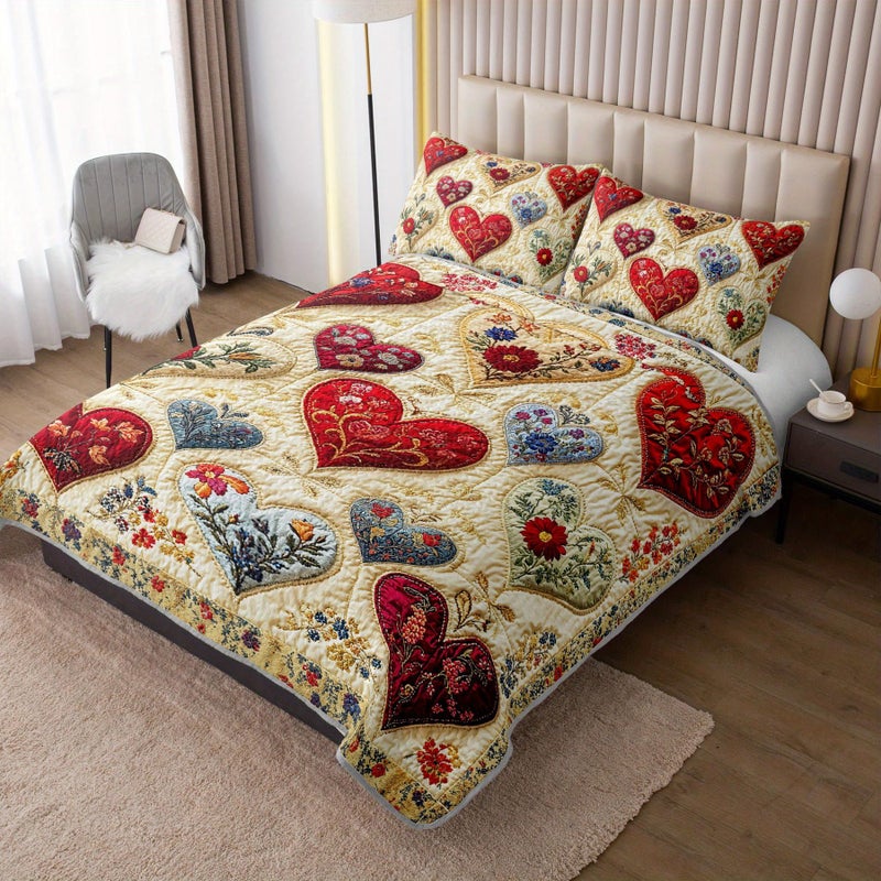 Tuzaovy Floral Heart Patchwork Quilt Queen Size for Teens Adults Room Decor,Floral Romantic Bedspread Sets Queen Size Lovely Bedroom Decor,Bohemian Bed Cover Set for Boys Girls Room Decor - Image 2