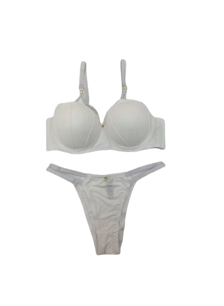 2 Pieces Underwear, Women's Underwire Bra, Thick Padded Cup, Push Up and Gather Chest, Pearl Chain Design 