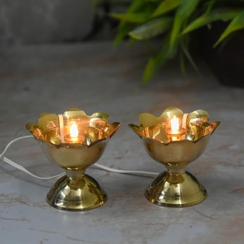 NEETU ARTS Pure Brass LED Lotus Diya | Electric Deepak with Bulb Light for Home Temple Pooja & Festive Decor | Traditional Spiritual Lamp | 1.75 Inches, 100gm - Image 2