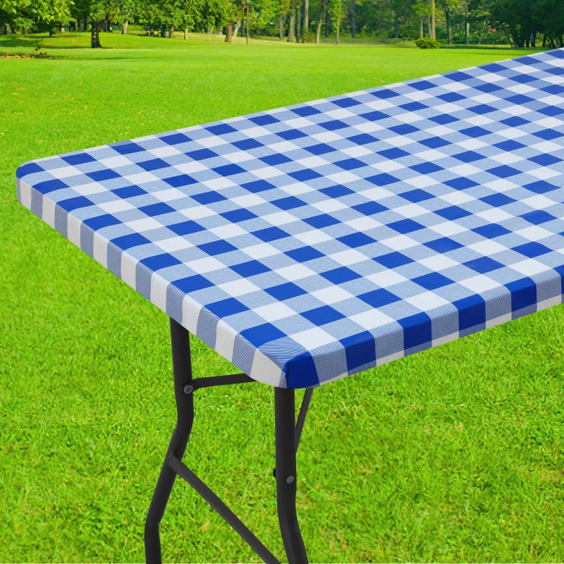 Smiry Rectangle Picnic Table Cloth, Elastic Waterproof Fitted Vinyl Tablecloths, Flannel Backed Buffalo Plaid Table Covers for Dining, Camping, Outdoor (White and Blue, 36" x 96") - Image 1