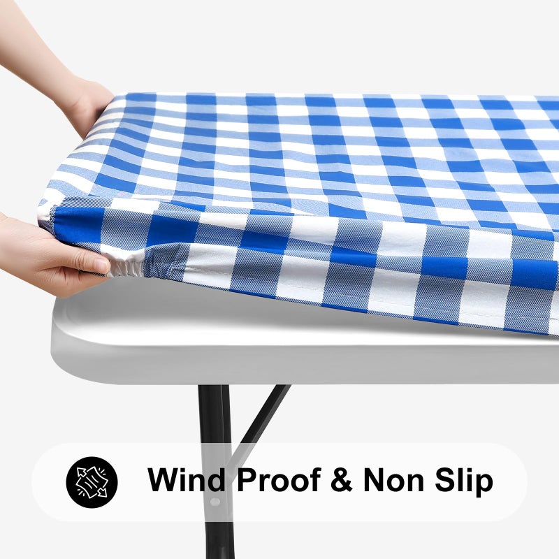 Smiry Rectangle Picnic Table Cloth, Elastic Waterproof Fitted Vinyl Tablecloths, Flannel Backed Buffalo Plaid Table Covers for Dining, Camping, Outdoor (White and Blue, 36" x 96") - Image 2