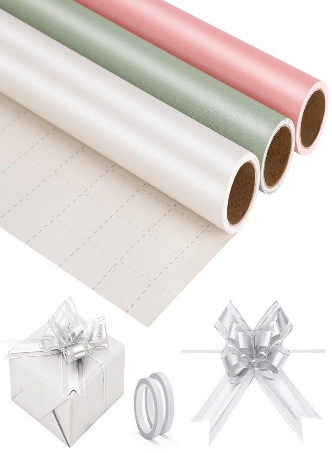EUSOAR Wrapping Paper Roll, 3 Rolls(17 in x 10ft Each Solid Color White/Pink/Green Gift Wrap with 10pcs Silver Pull Bows, Gifts Crafts DIY Bouquet Wrapping Paper for Wedding Birthday Holiday Party - Image 1