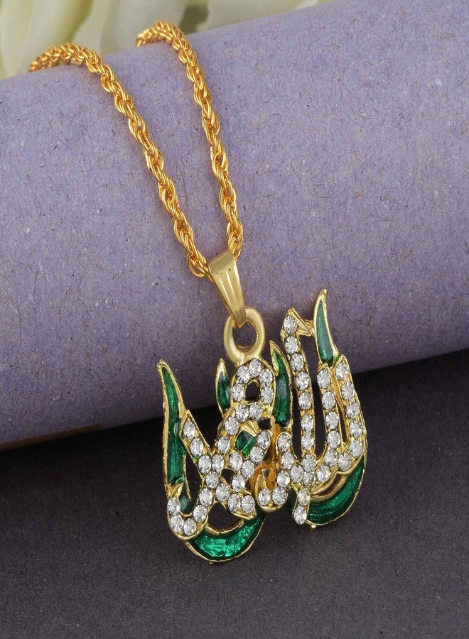 Morir Gold Plated Brass CZ Green Color Enamel Allah Symbol Chain Pendant Locket Islamic Muslim Jewelry for Men and Women - Image 3