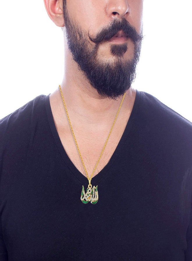 Morir Gold Plated Brass CZ Green Color Enamel Allah Symbol Chain Pendant Locket Islamic Muslim Jewelry for Men and Women - Image 2