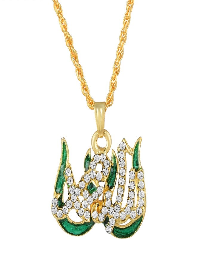 Morir Gold Plated Brass CZ Green Color Enamel Allah Symbol Chain Pendant Locket Islamic Muslim Jewelry for Men and Women - Image 1