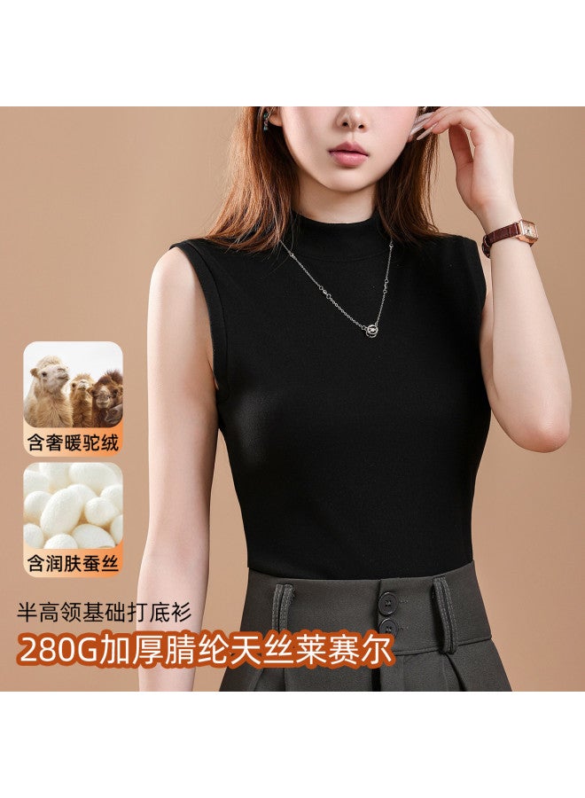 Modal سترة دافئة من شعر الجمل والحرير بياقة نصفية للنساء، مبطنة بالفليس ومكثفة لخريف وشتاء، ملابس داخلية مضادة للبكتيريا بدون أكمام للنساء - Image 4