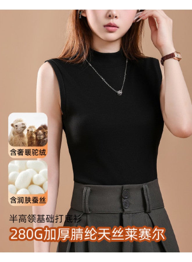 Modal سترة دافئة من شعر الجمل والحرير بياقة نصفية للنساء، مبطنة بالفليس ومكثفة لخريف وشتاء، ملابس داخلية مضادة للبكتيريا بدون أكمام للنساء - Image 1