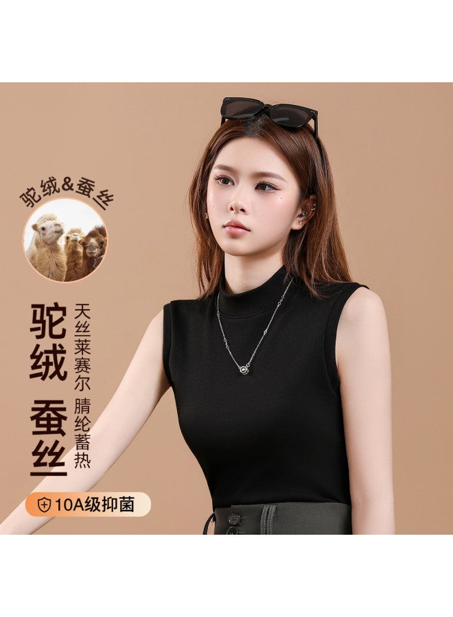 Modal سترة دافئة من شعر الجمل والحرير بياقة نصفية للنساء، مبطنة بالفليس ومكثفة لخريف وشتاء، ملابس داخلية مضادة للبكتيريا بدون أكمام للنساء - Image 3