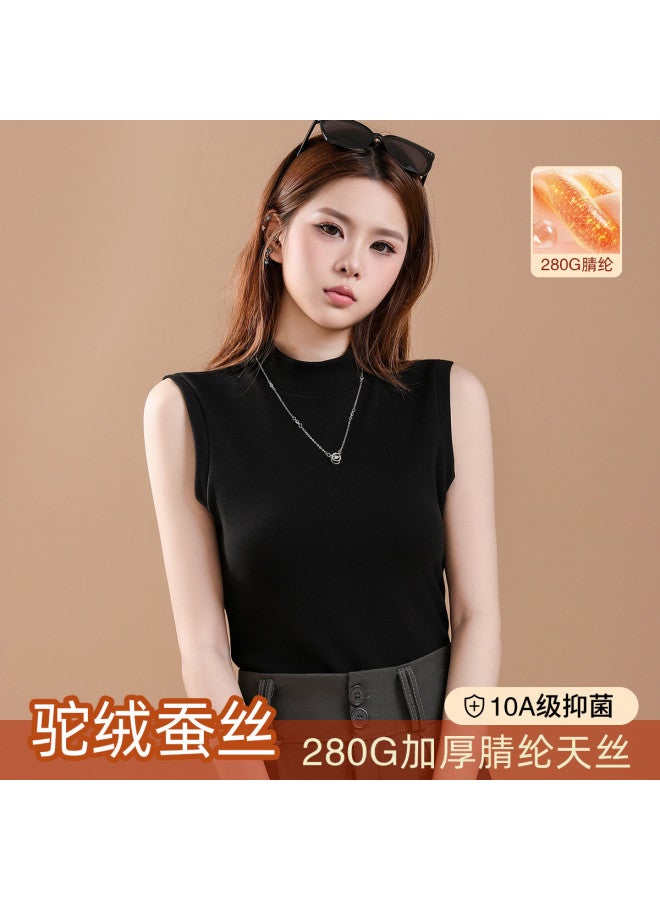 Modal سترة دافئة من شعر الجمل والحرير بياقة نصفية للنساء، مبطنة بالفليس ومكثفة لخريف وشتاء، ملابس داخلية مضادة للبكتيريا بدون أكمام للنساء - Image 2