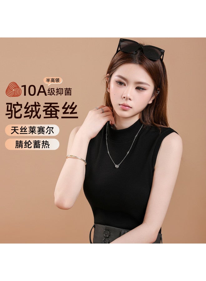 Modal سترة دافئة من شعر الجمل والحرير بياقة نصفية للنساء، مبطنة بالفليس ومكثفة لخريف وشتاء، ملابس داخلية مضادة للبكتيريا بدون أكمام للنساء - Image 5