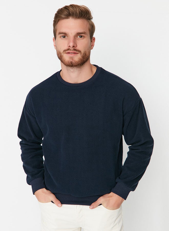 trendyol Regular/Normal Cut Crew Neck Long Sleeve Fleece Thick Sweatshirt TMNAW23SW00158/Navy Blue  - Image 1
