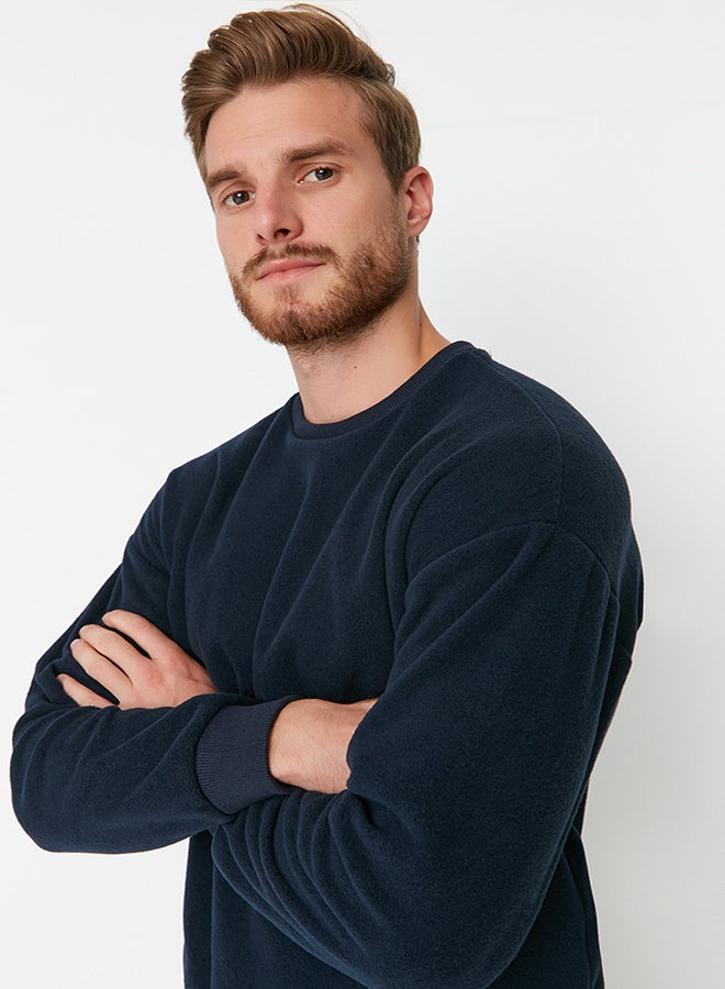 trendyol Regular/Normal Cut Crew Neck Long Sleeve Fleece Thick Sweatshirt TMNAW23SW00158/Navy Blue  - Image 3