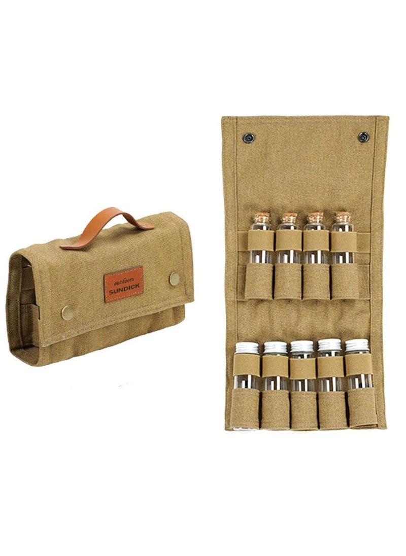 KASTWAVE - Portable Travel Spice Kit for Camping Salt and Pepper Shakers, Multi Spice Container for Camping, Outdoor Camping Seasoning Bottle Storage Bag - 9 Spice Jars Included - Khaki - Image 1