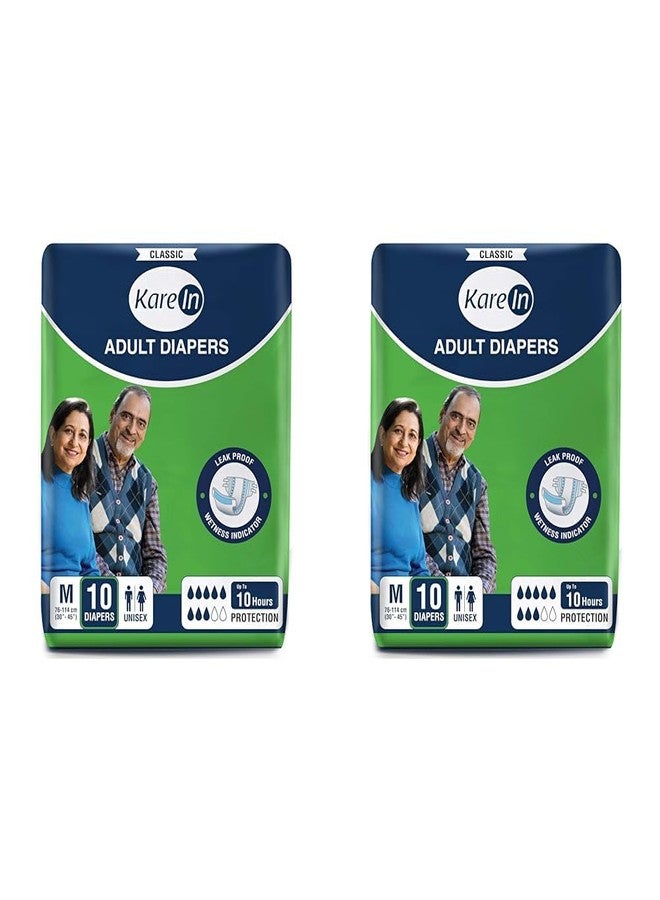 KareIn Classic Adult Diapers, Medium, Waist Size 76-114 Cm (30"-45"), 10 Count, Tape Style, Unisex, High Absorbency, Leak Proof, Wetness Indicator (Pack of 2) - Image 1