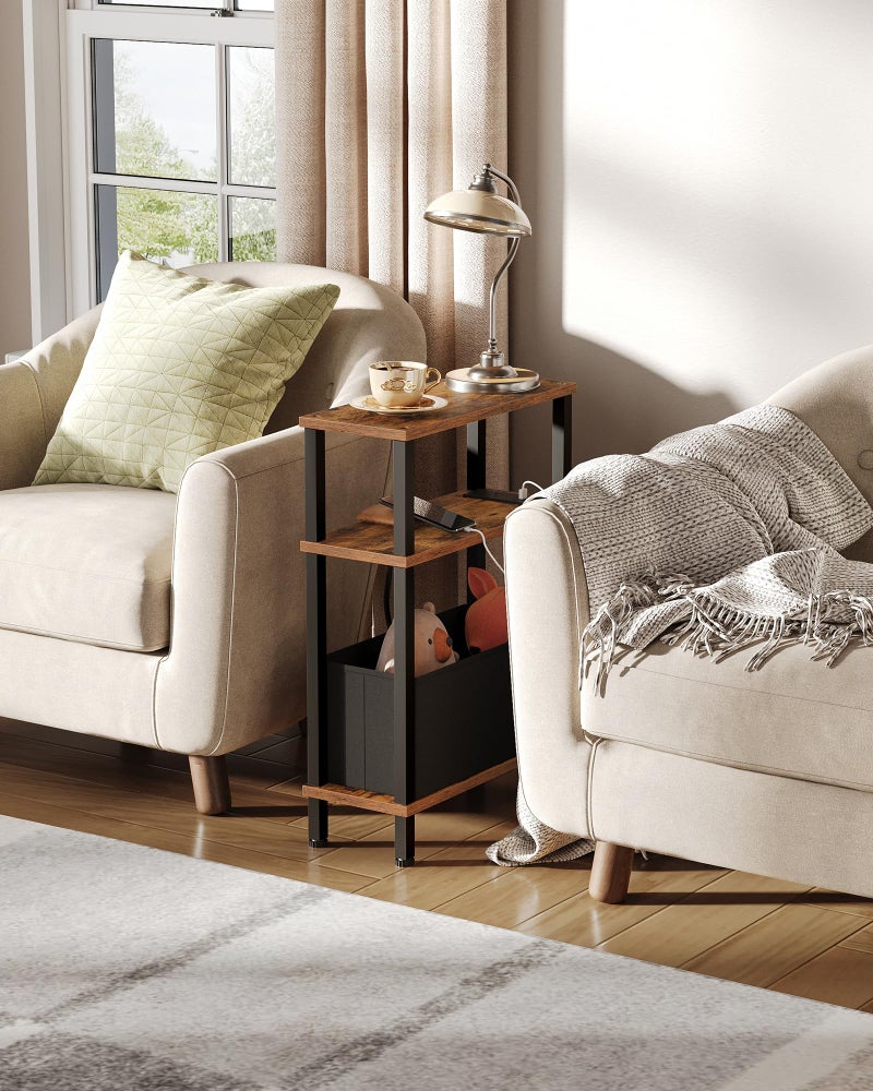 CHOEZON Small Narrow Side Table with Charging Station, Skinny End Table with Fabric Basket, Slim Nightstand for Small Spaces, Sofa Side Table, for Living Room, Bedroom, Rustic Brown and Black TBZ07UBF - Image 3