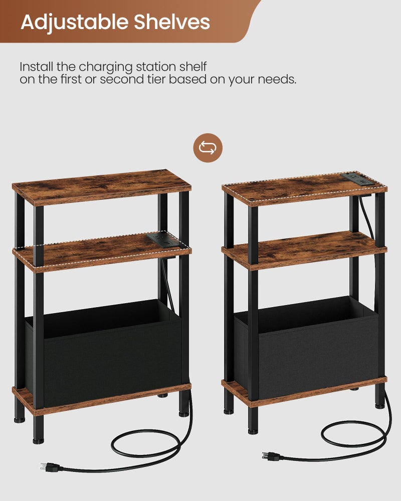 CHOEZON Small Narrow Side Table with Charging Station, Skinny End Table with Fabric Basket, Slim Nightstand for Small Spaces, Sofa Side Table, for Living Room, Bedroom, Rustic Brown and Black TBZ07UBF - Image 4