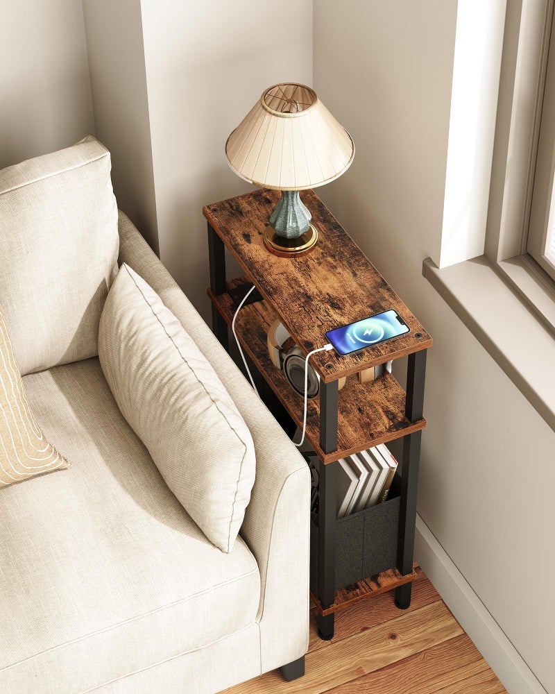 CHOEZON Small Narrow Side Table with Charging Station, Skinny End Table with Fabric Basket, Slim Nightstand for Small Spaces, Sofa Side Table, for Living Room, Bedroom, Rustic Brown and Black TBZ07UBF - Image 1
