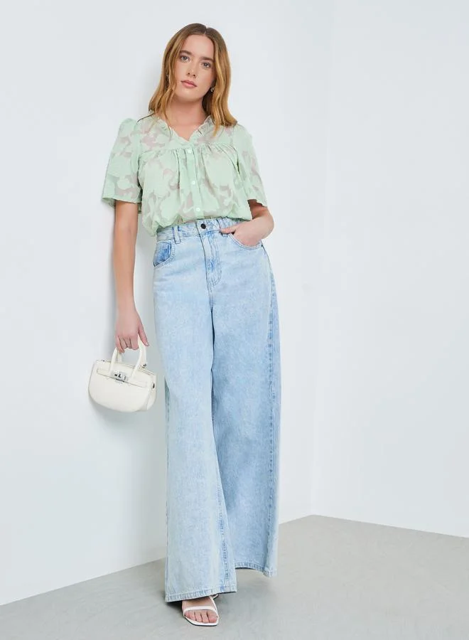 Take Two Green Burnout V Neck Button Front Top