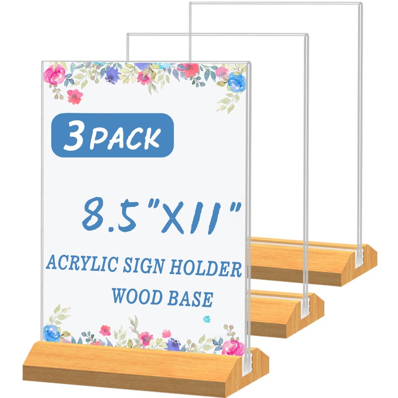 QLKGWEA Acrylic Sign Holder 8.5 x 11 Inch 3 Pack, Wood Base Paper Stand for Menu Flyer Display, Table Top Clear Plastic Picture Frame for Stores, Restaurants, Hotels, Office, Farmers Market Show Fair Decor. - Image 1