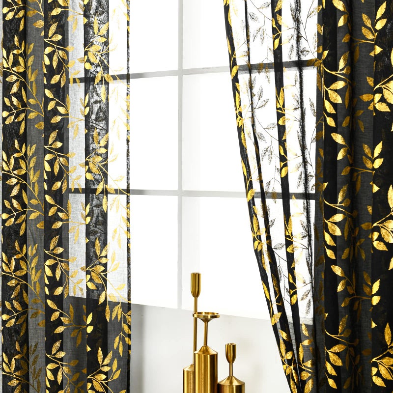 Deeprove Sheer Curtains 96 Inches Long 2 Panels  Gold Foil Metallic Vine Leaves Print Window Treatments Pair for Christmas Xmas Decor  Golden Bronzing Privacy Drapes  Rod Pocket  52"" W x 96"" L  Black - Image 2