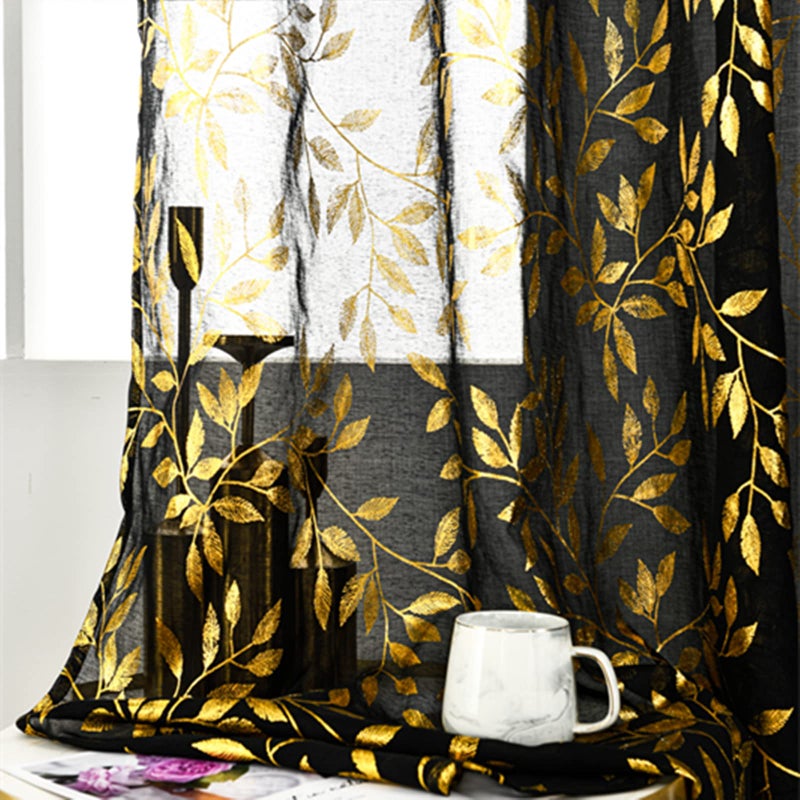 Deeprove Sheer Curtains 96 Inches Long 2 Panels  Gold Foil Metallic Vine Leaves Print Window Treatments Pair for Christmas Xmas Decor  Golden Bronzing Privacy Drapes  Rod Pocket  52"" W x 96"" L  Black - Image 1