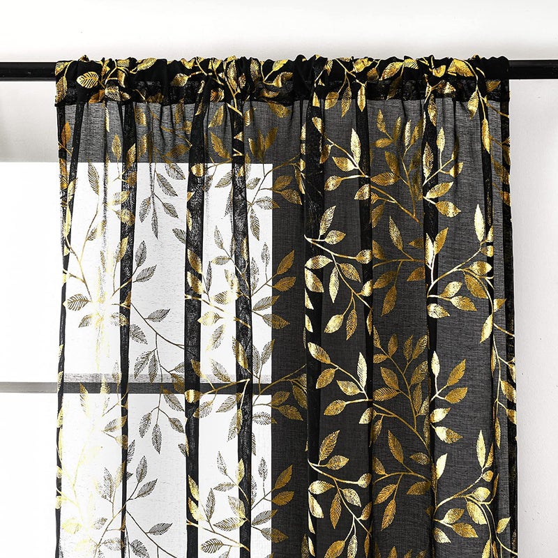 Deeprove Sheer Curtains 96 Inches Long 2 Panels  Gold Foil Metallic Vine Leaves Print Window Treatments Pair for Christmas Xmas Decor  Golden Bronzing Privacy Drapes  Rod Pocket  52"" W x 96"" L  Black - Image 3
