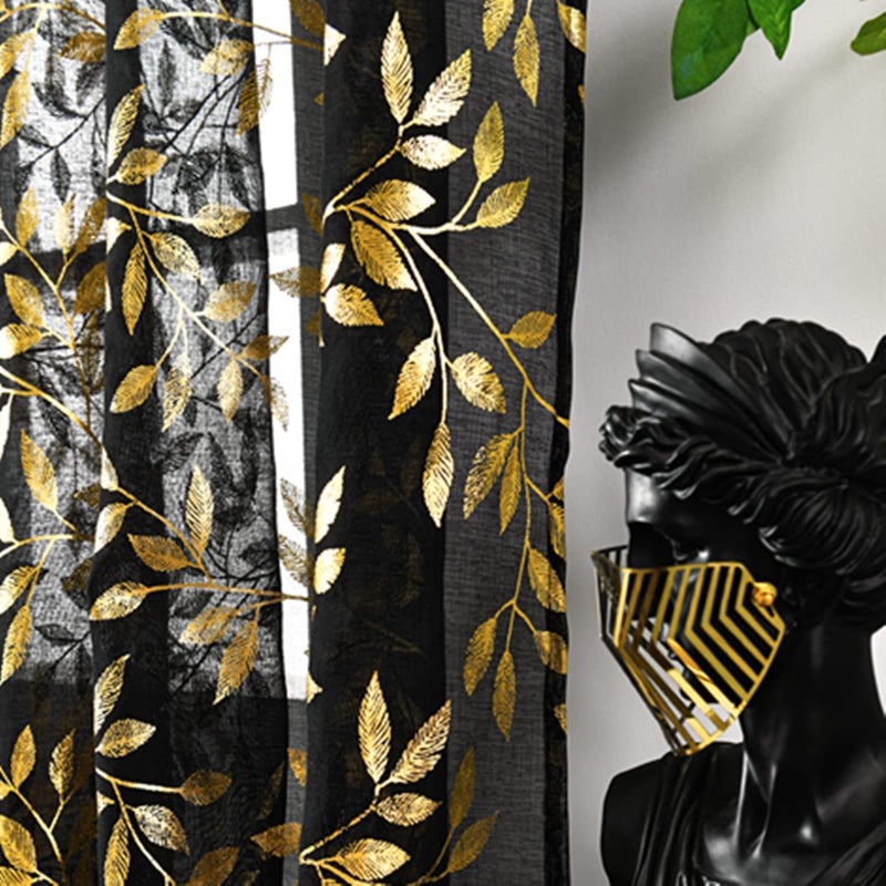 Deeprove Sheer Curtains 96 Inches Long 2 Panels  Gold Foil Metallic Vine Leaves Print Window Treatments Pair for Christmas Xmas Decor  Golden Bronzing Privacy Drapes  Rod Pocket  52"" W x 96"" L  Black - Image 5