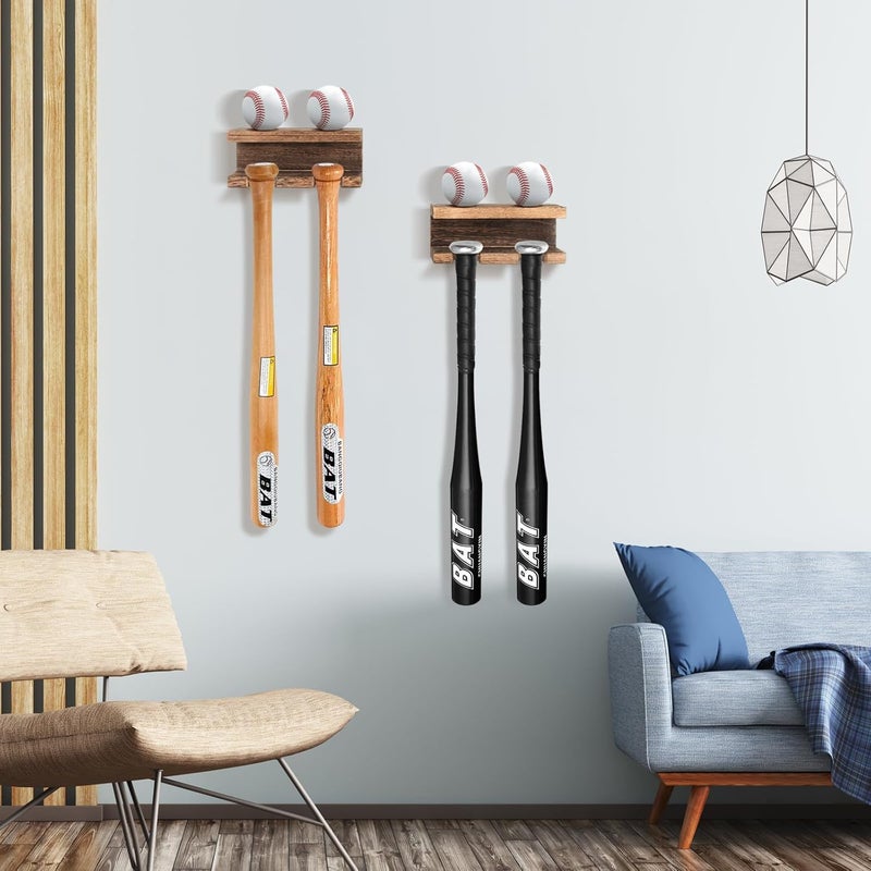 BEARUT 2 Pack Baseball Bat Holder and Ball Display Floating Shelf Wall Mount Baseball Bat Rack Shelf Organized By Wood - Image 2