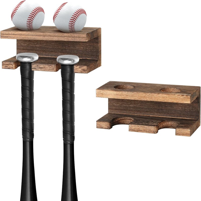 BEARUT 2 Pack Baseball Bat Holder and Ball Display Floating Shelf Wall Mount Baseball Bat Rack Shelf Organized By Wood - Image 1