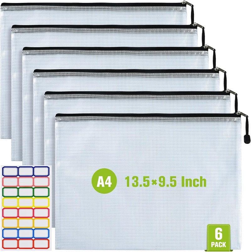ASTEN Mesh Zipper Pouch, 6PCS Waterproof Plastic Mesh ZipperBag, A4 Size Tear-Resistant Document Pouch, Extra Large Zip File Bags, for School Office Supplies Home Travel Storage(13.5×9.5 Inch) - Image 1