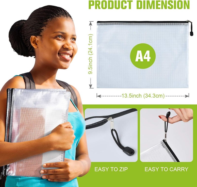 ASTEN Mesh Zipper Pouch, 6PCS Waterproof Plastic Mesh ZipperBag, A4 Size Tear-Resistant Document Pouch, Extra Large Zip File Bags, for School Office Supplies Home Travel Storage(13.5×9.5 Inch) - Image 2