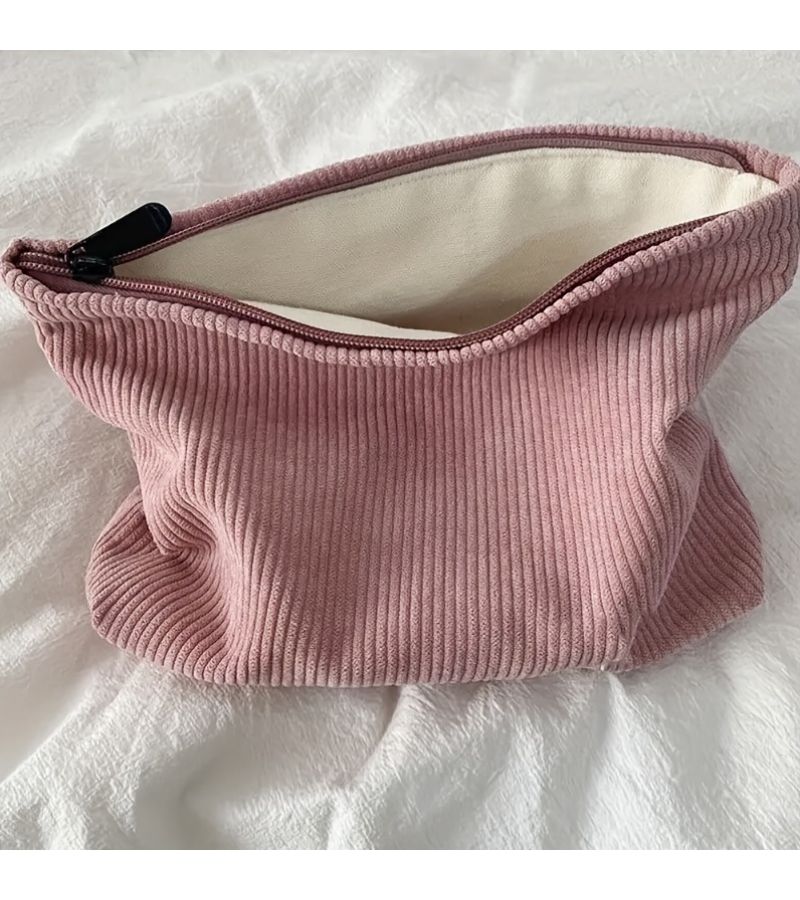 Khaki Corduroy Zipper Makeup Bag Portable Washable Storage Box Large Capacity Durable Travel Organizer For Cosmetics Mobile Phone Bath Products Daily Use - Image 5