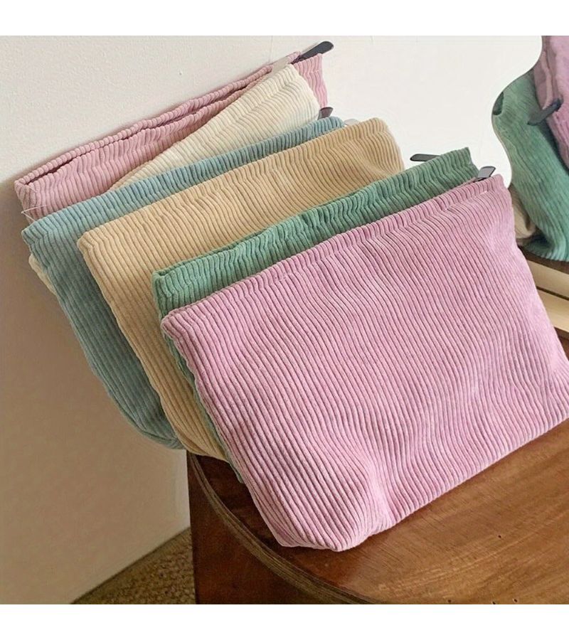 Khaki Corduroy Zipper Makeup Bag Portable Washable Storage Box Large Capacity Durable Travel Organizer For Cosmetics Mobile Phone Bath Products Daily Use - Image 2