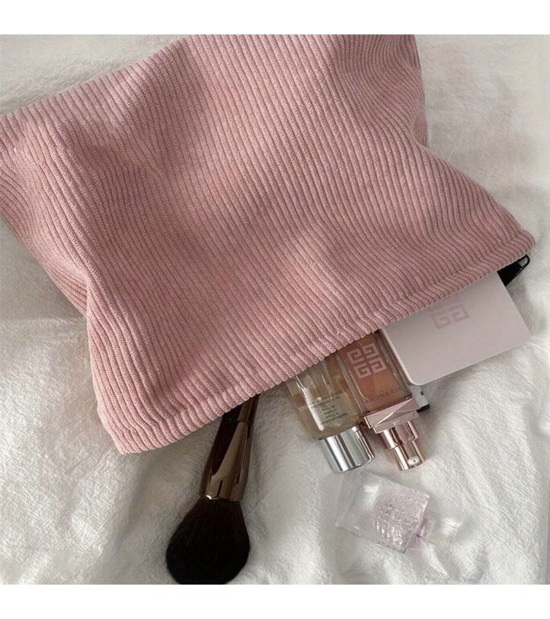 Khaki Corduroy Zipper Makeup Bag Portable Washable Storage Box Large Capacity Durable Travel Organizer For Cosmetics Mobile Phone Bath Products Daily Use - Image 1