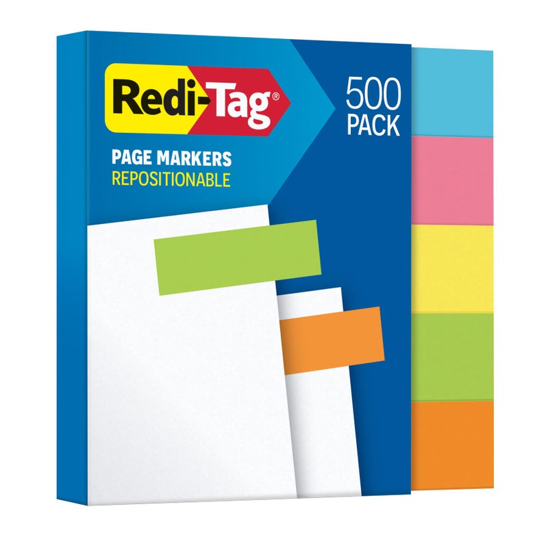 Redi-Tag Neon Page Markers, Adhesive Flags for Journals, Books and Binders, Sticky Flags, 4 Assorted Colors: Yellow, Pink, Green, Blue and Orange, 0.6" x 2", 500 Per Pack (1014663) - Image 1